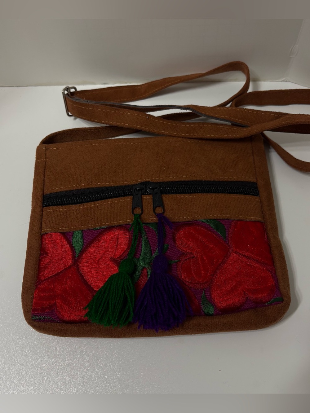 Brown Crossbody Bag with Red Floral Embroidery and Tassels